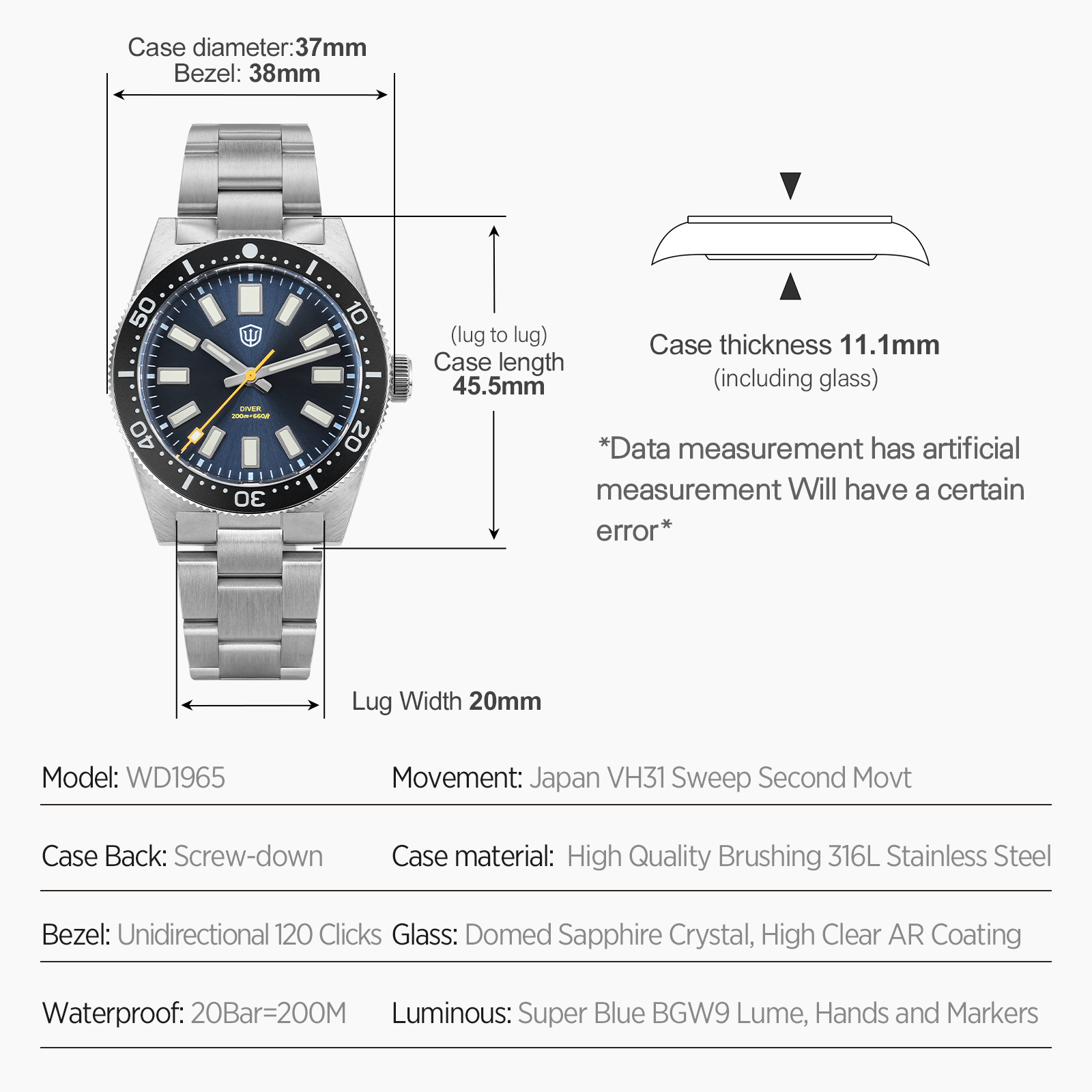 Watchdives 37Mm WD1965 V2 Man  - đánh giá và giá Luxury Watch For Men